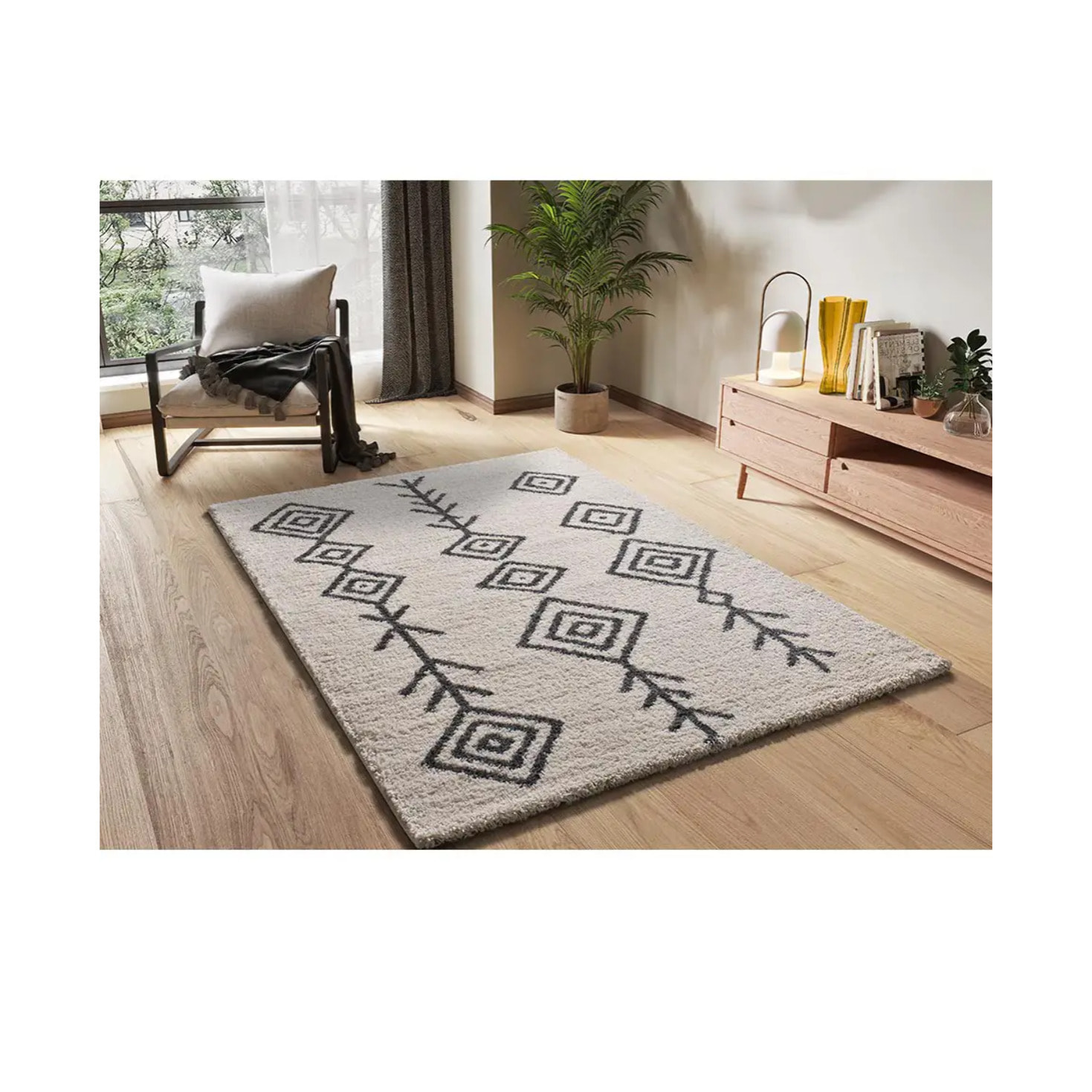 ATLAS Alfombra shaggy estilo étnico blanca, varias medidas disponibles