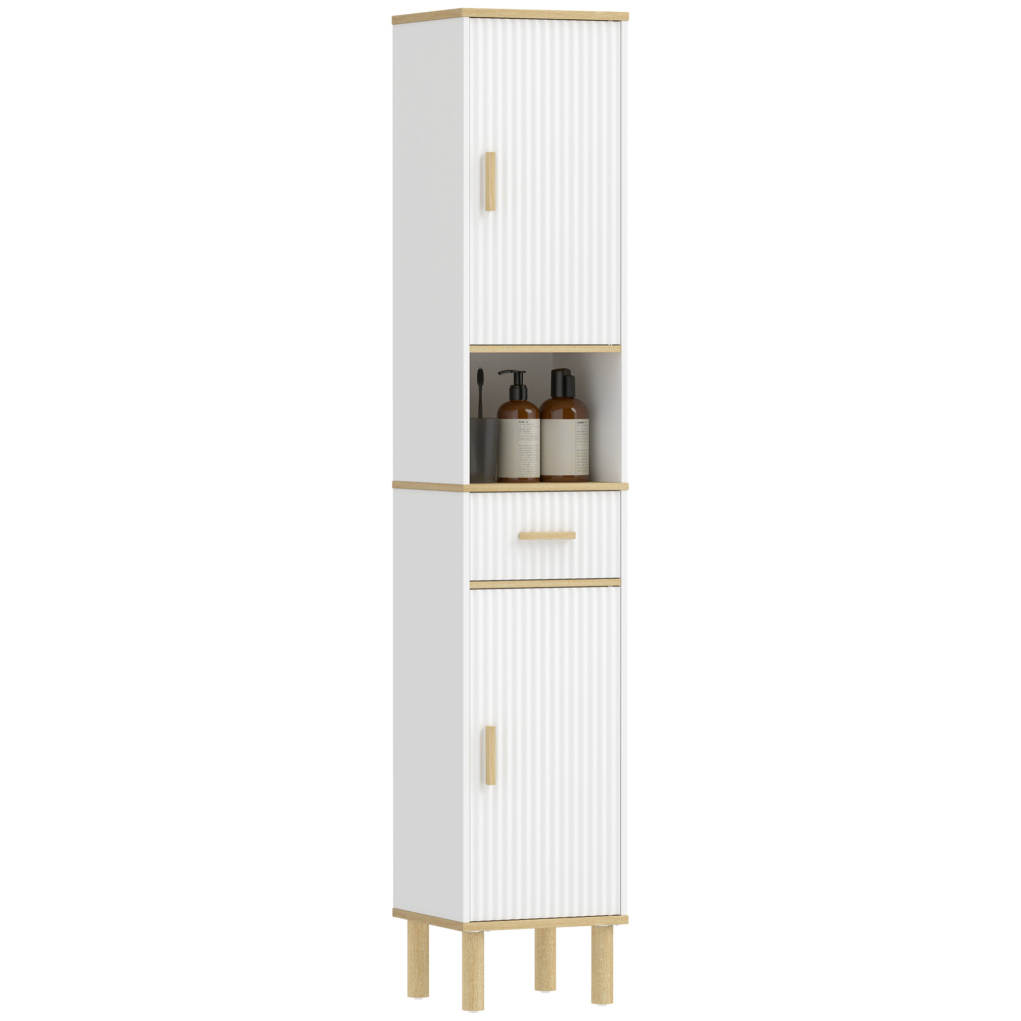 Armario de Baño Alto, Mueble Auxiliar de Baño Estrecho con Estantes Ajustables, Puertas Acanaladas, Cajón, Estante Abierto, Patas de Madera, para Espacios Pequeños, 31,5x29,7x171,5 cm, Blanco