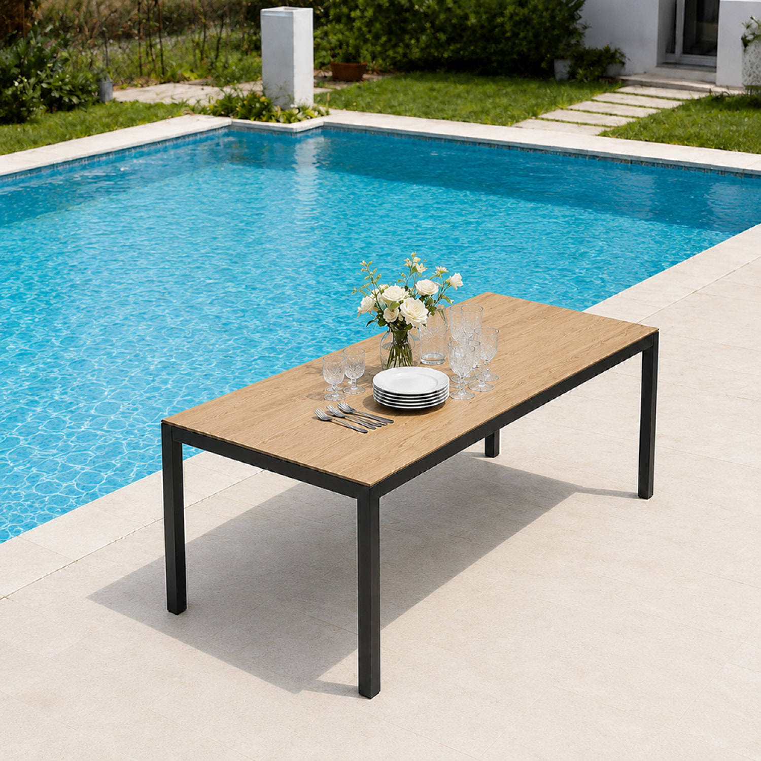 Table de jardin 240cm 10 personnes avec plateau en verre trempé effet bois NEWSTEAD