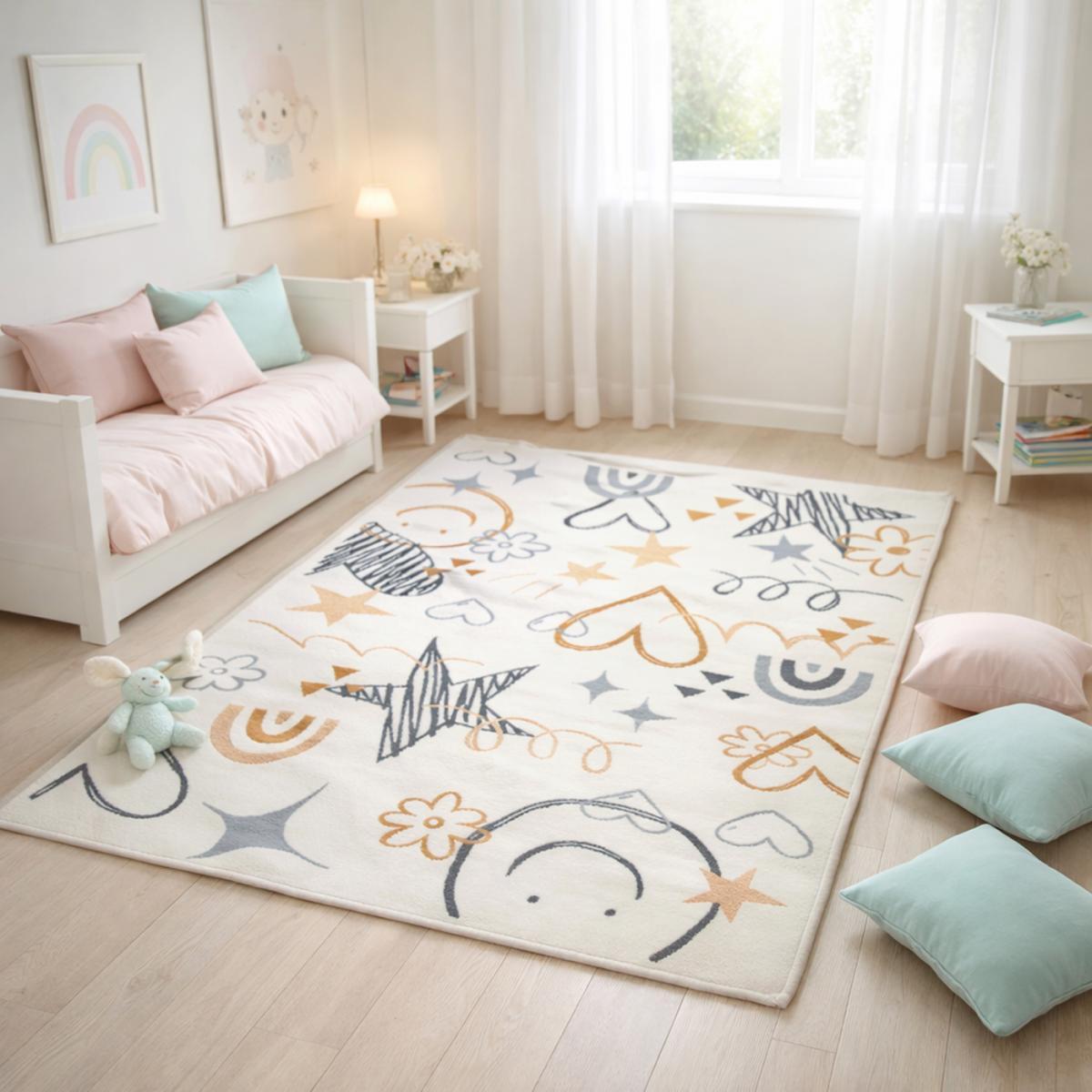 Tapis enfant KIDA, motifs ludiques étoiles et cœurs