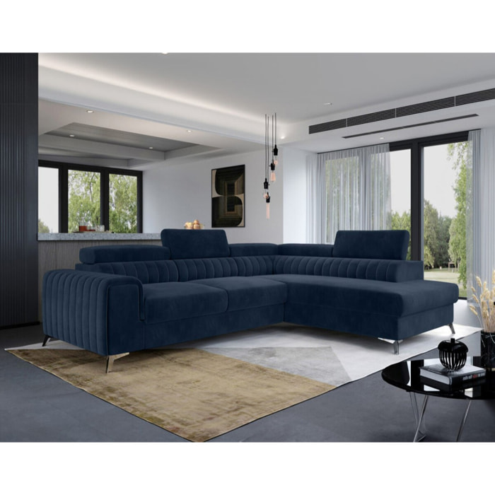 Talisay - canapé d'angle droit - 5 places - convertible avec coffre - en velours - Bleu marine