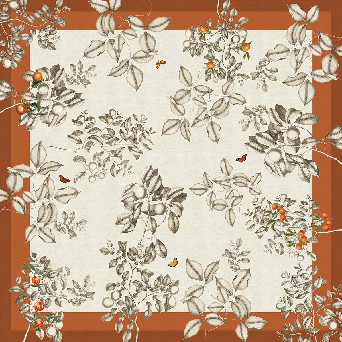 Nappe métis lin & coton lavé 190 g/m² imprimé beige orange Mandarines rouille