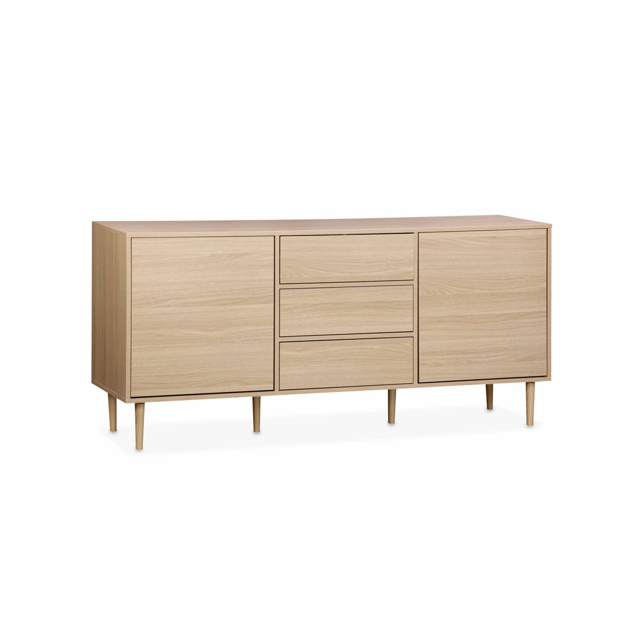 Buffet de rangement décor bois - Mika - 2 niveaux. 2 portes. 3 tiroirs. buffet bas. L 160 x l 40 x H 74cm