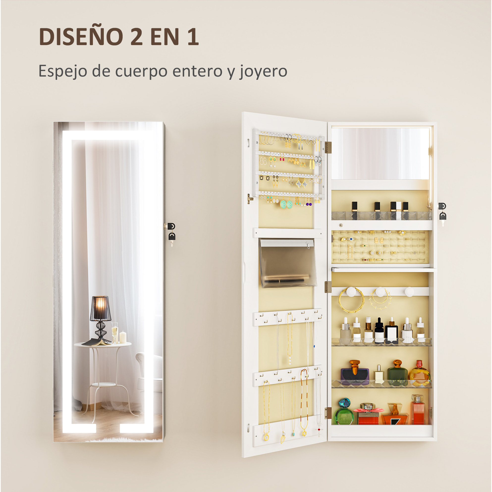 Espejo Joyero de Pared Espejo Joyero Colgante con Luces LED y Cerradura Espejo Integrada Armario de Joyas para Colgar en la Pared o en la Puerta Blanco