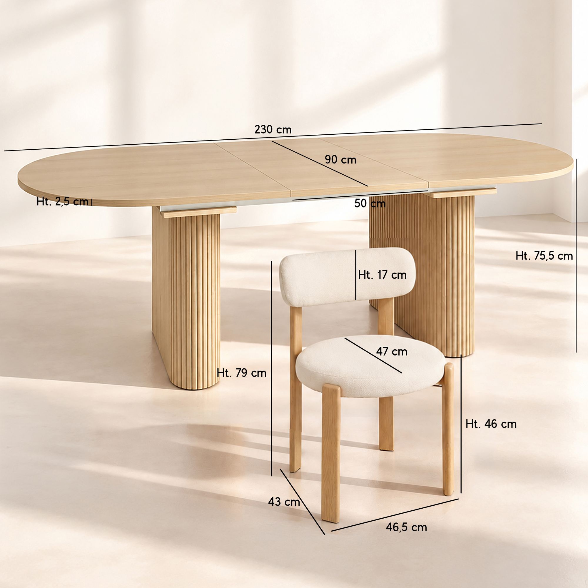 Ensemble table extensible 180-230cm et 6 chaises en tissu écru LILY