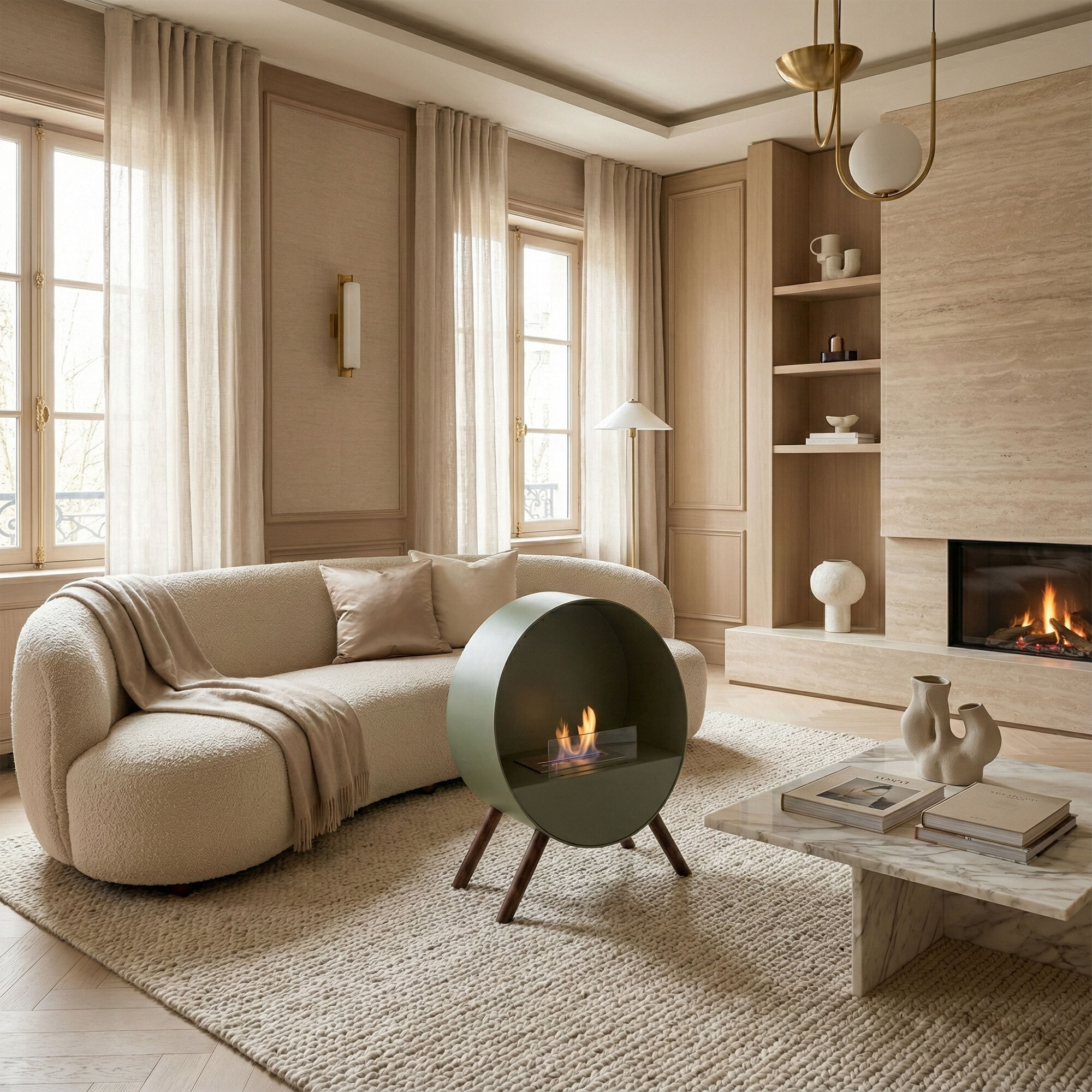 Venere - Camino a Bioetanolo da Pavimento 60x72x30 cm con Bruciatore 1 Litro e Piedi in Legno di Pino Salvia