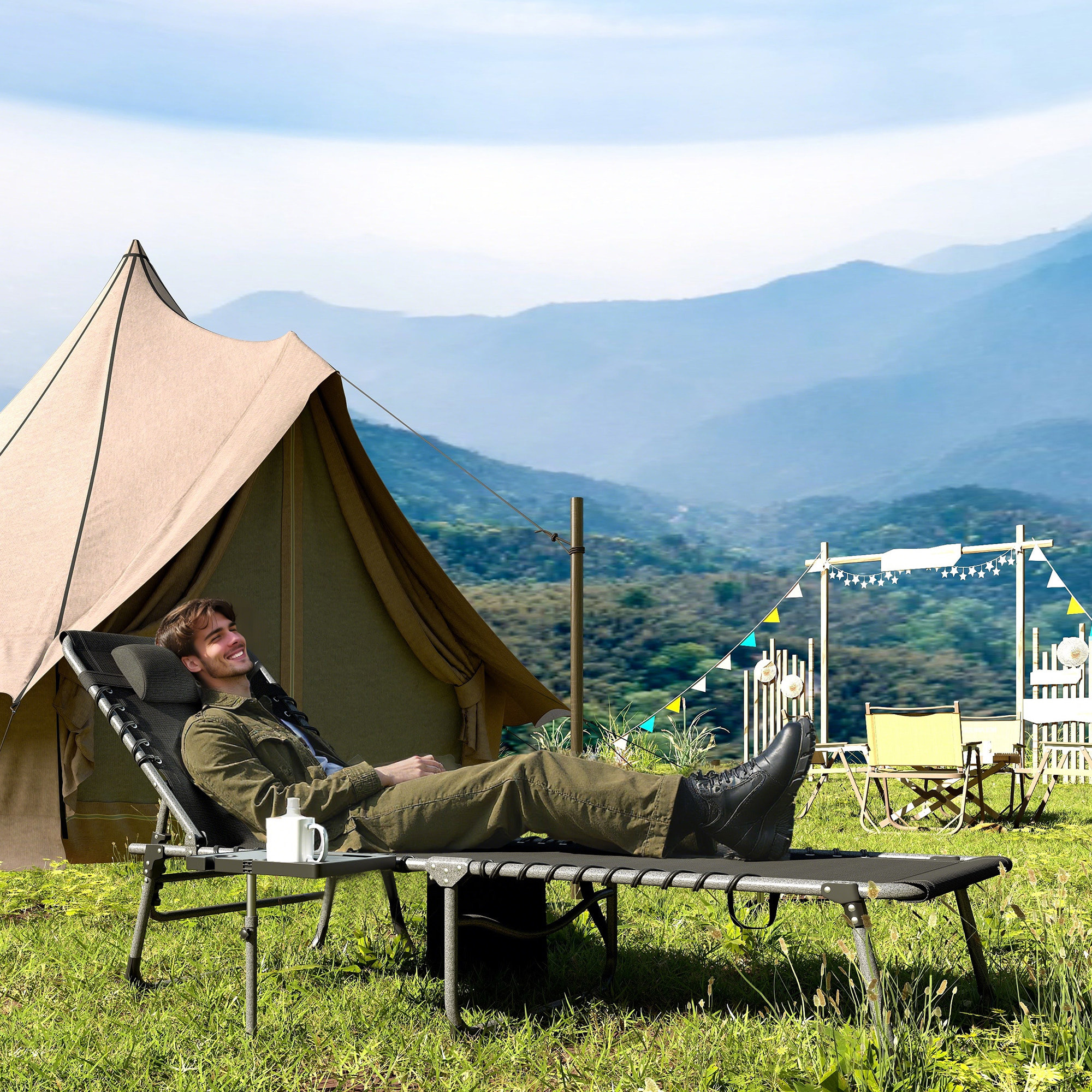 Tumbona Plegable, Tumbona Jardín Exterior con Respaldo Ajustable, Reposacabezas, Bolsillo Lateral, Bandeja y Estructura de Acero, Carga 120 kg para Terraza Piscina Playa, 190x60x31 cm, Negro