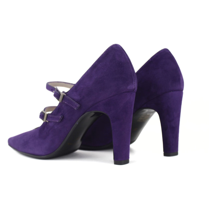 Salón de ante color violeta estilo Mary Jane. Tacón de 9 cm
