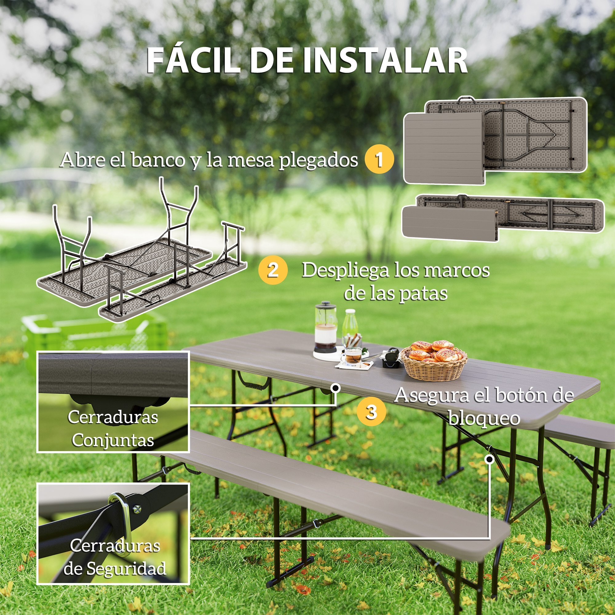 Conjunto de Camping Plegable de 3 Piezas Mesa Plegable Camping con Bancos Incluye 1 Mesa 180x74x74 cm y 2 Bancos Efecto Madera Impermeable para Acampadas Jardín Pícnic Marrón