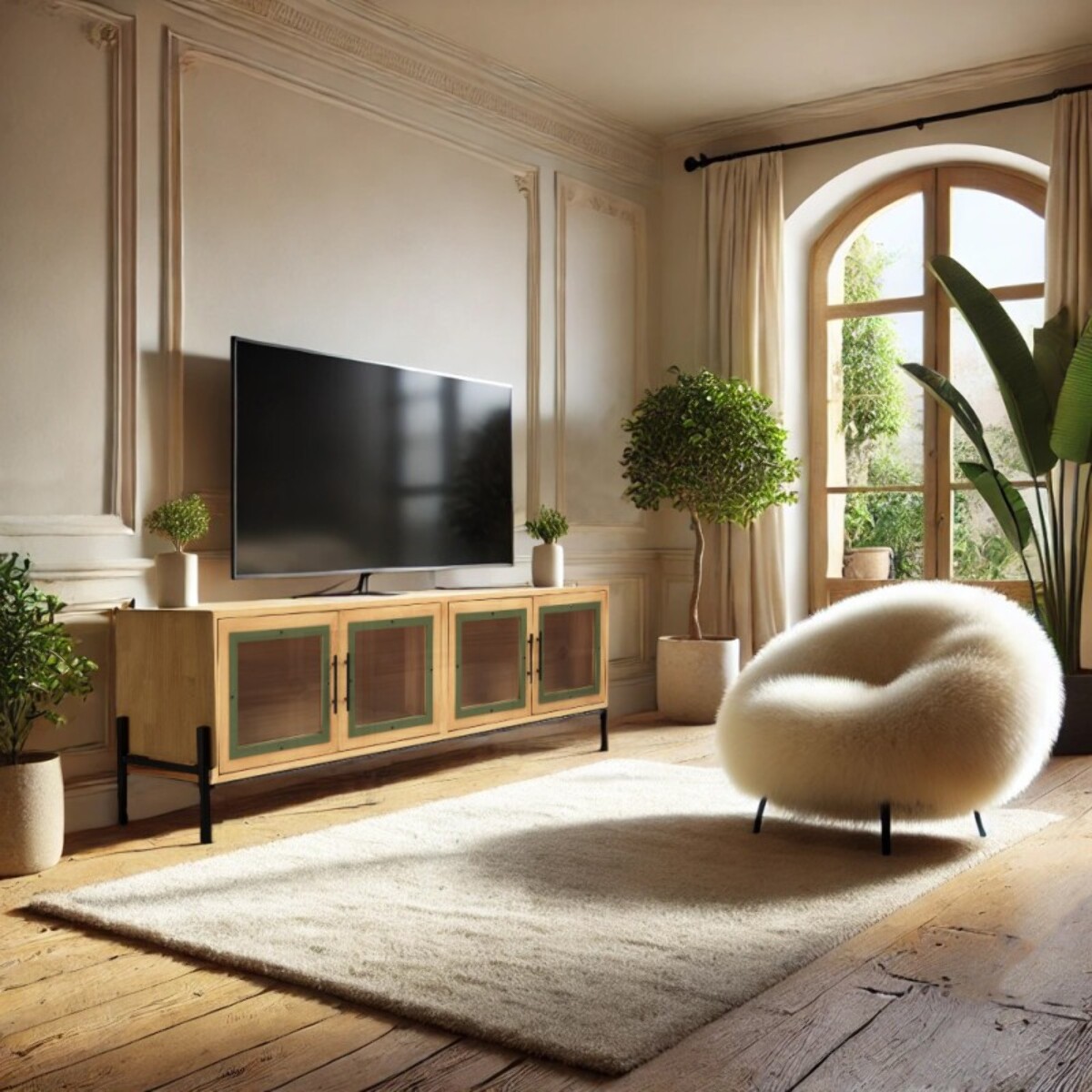 HELENA - Meuble TV 4 portes vitrées encadrement vert pin et métal noir
