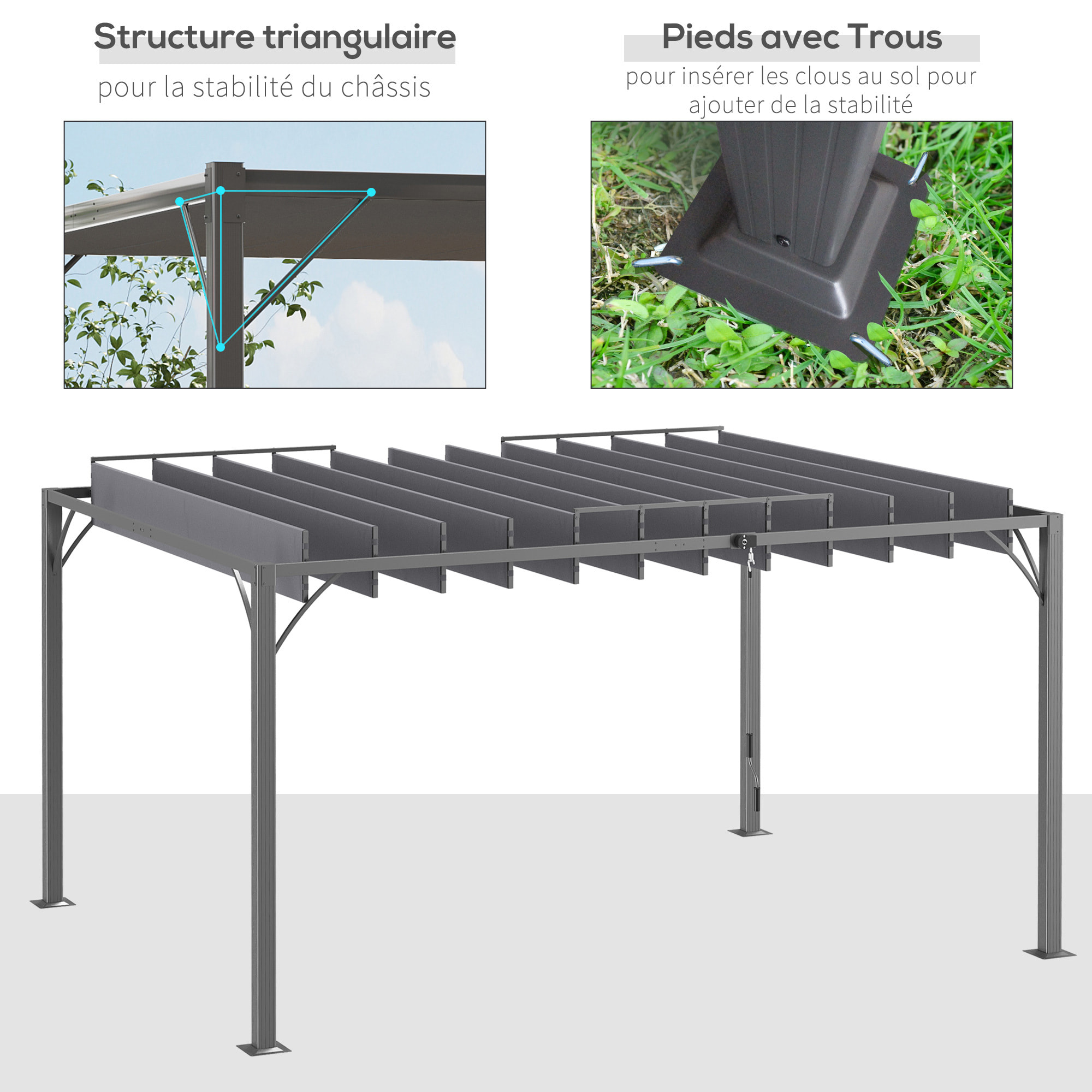 Pergola lames orientables dim. 3,9L x 2,95l x 2,13H m structure alu. acier époxy polyester gris