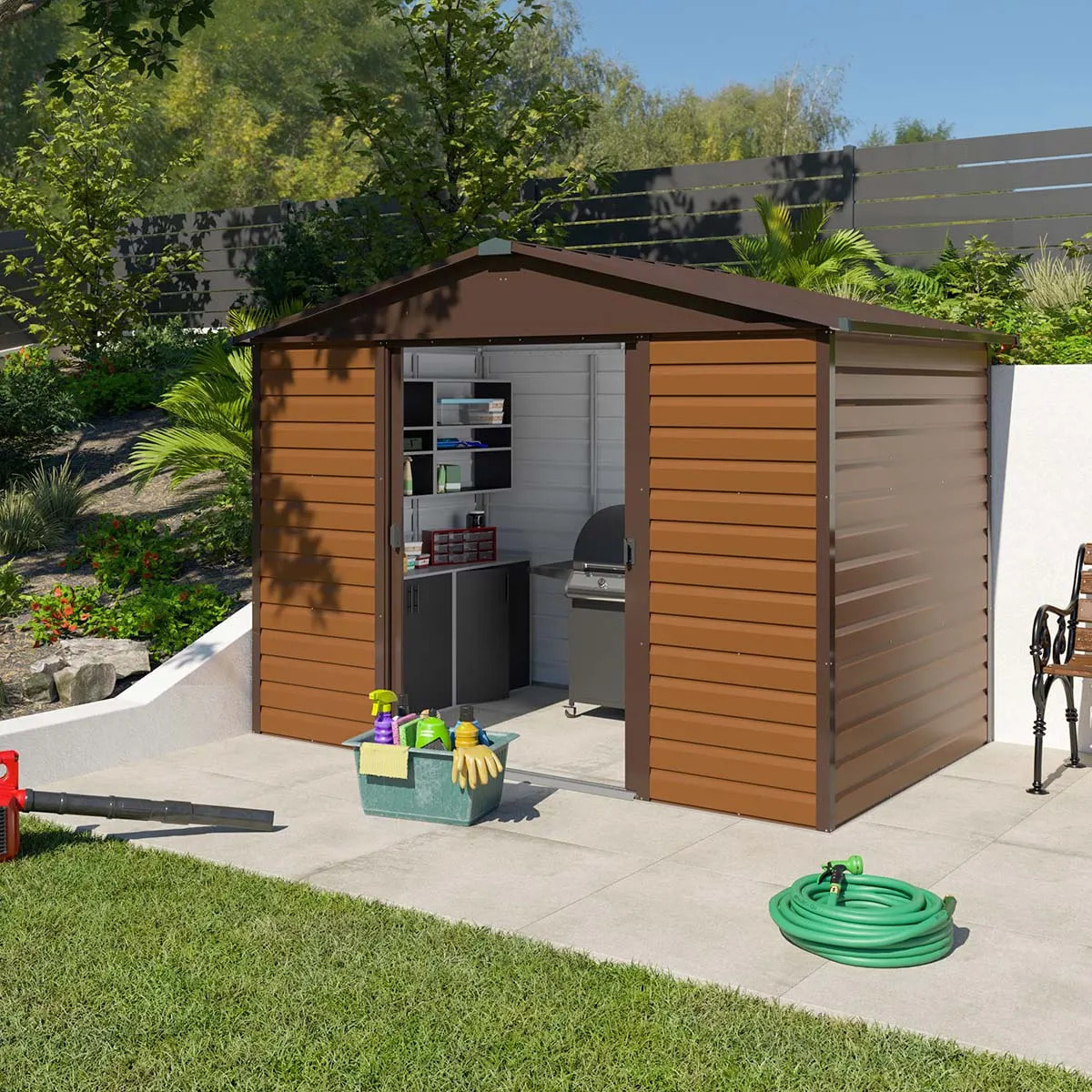 Abri de jardin métal aspect bois Yardmaster 5,3 m² + kit d'ancrage