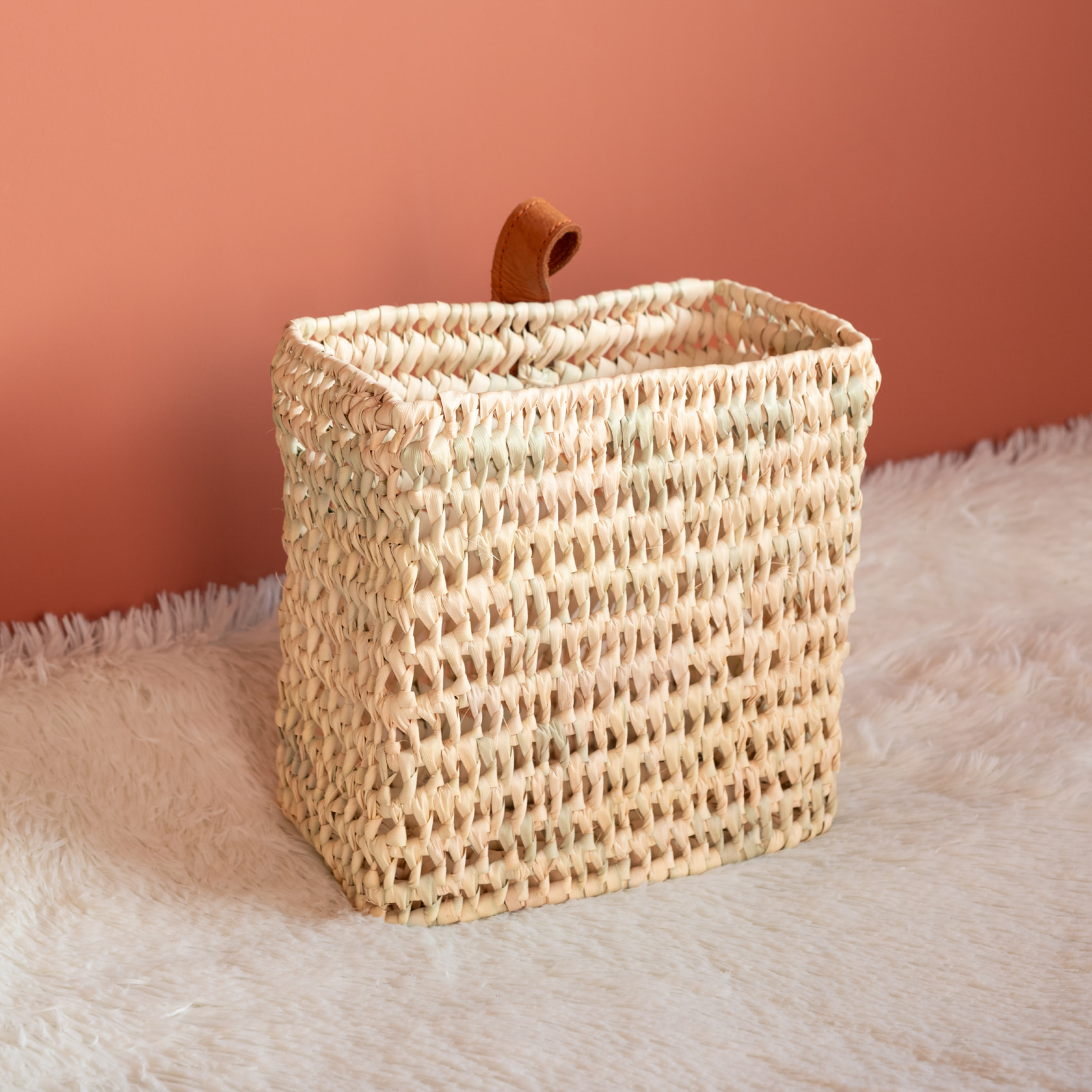 Panier à suspendre rectangle anse cuir - Naturel