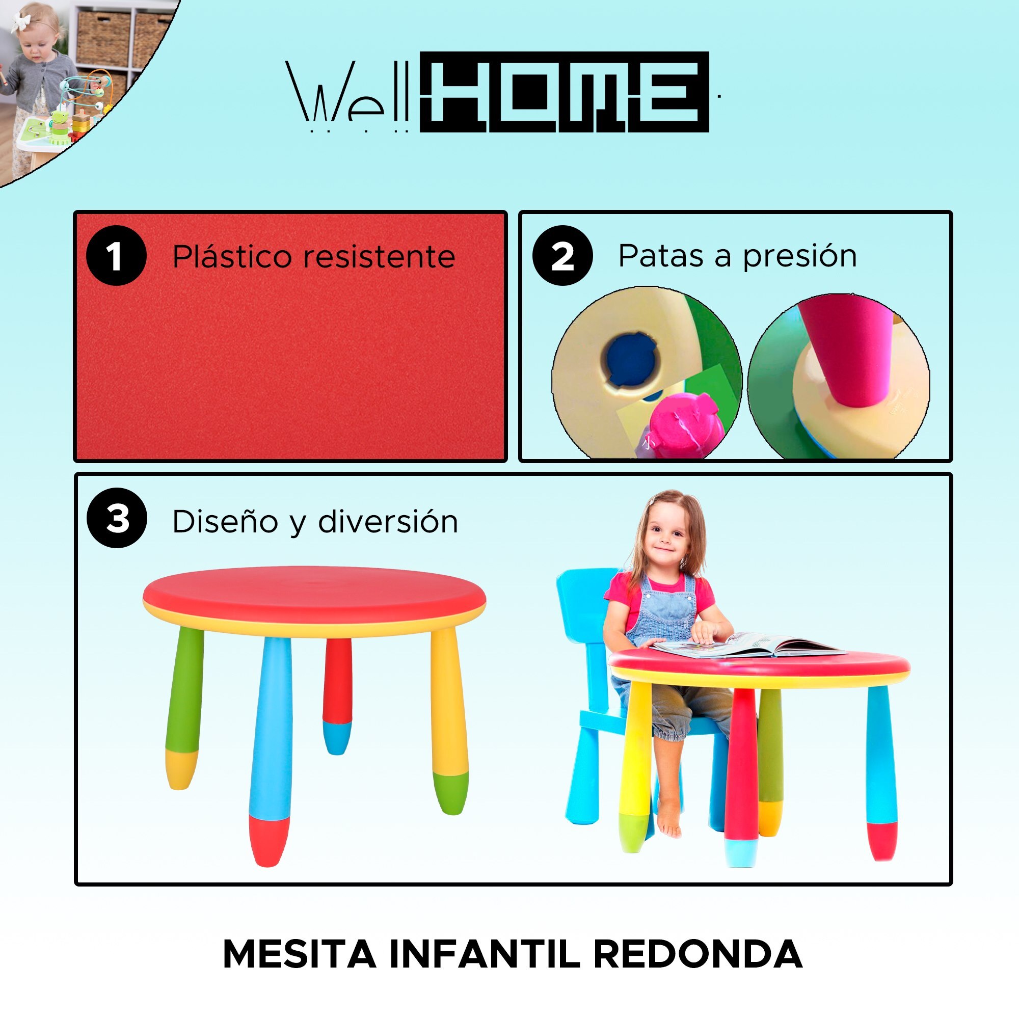 Well home - mesita infantil redonda roja, en plástico, ø70 x h.48cm