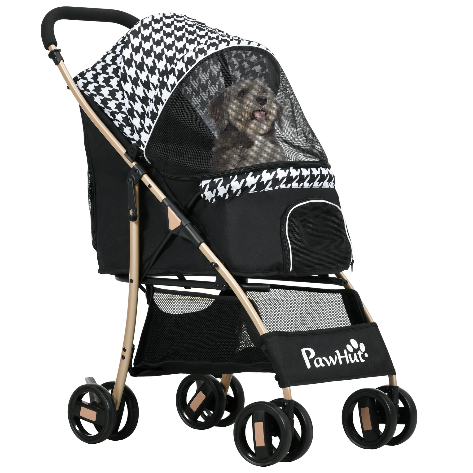 Cochecito para Perros Plegable Carrito para Mascotas con 2 Puertas Ventana de Malla Cesta de Almacenamiento Cuerda de Seguridad y Cojín 80x44,5x97 cm Negro