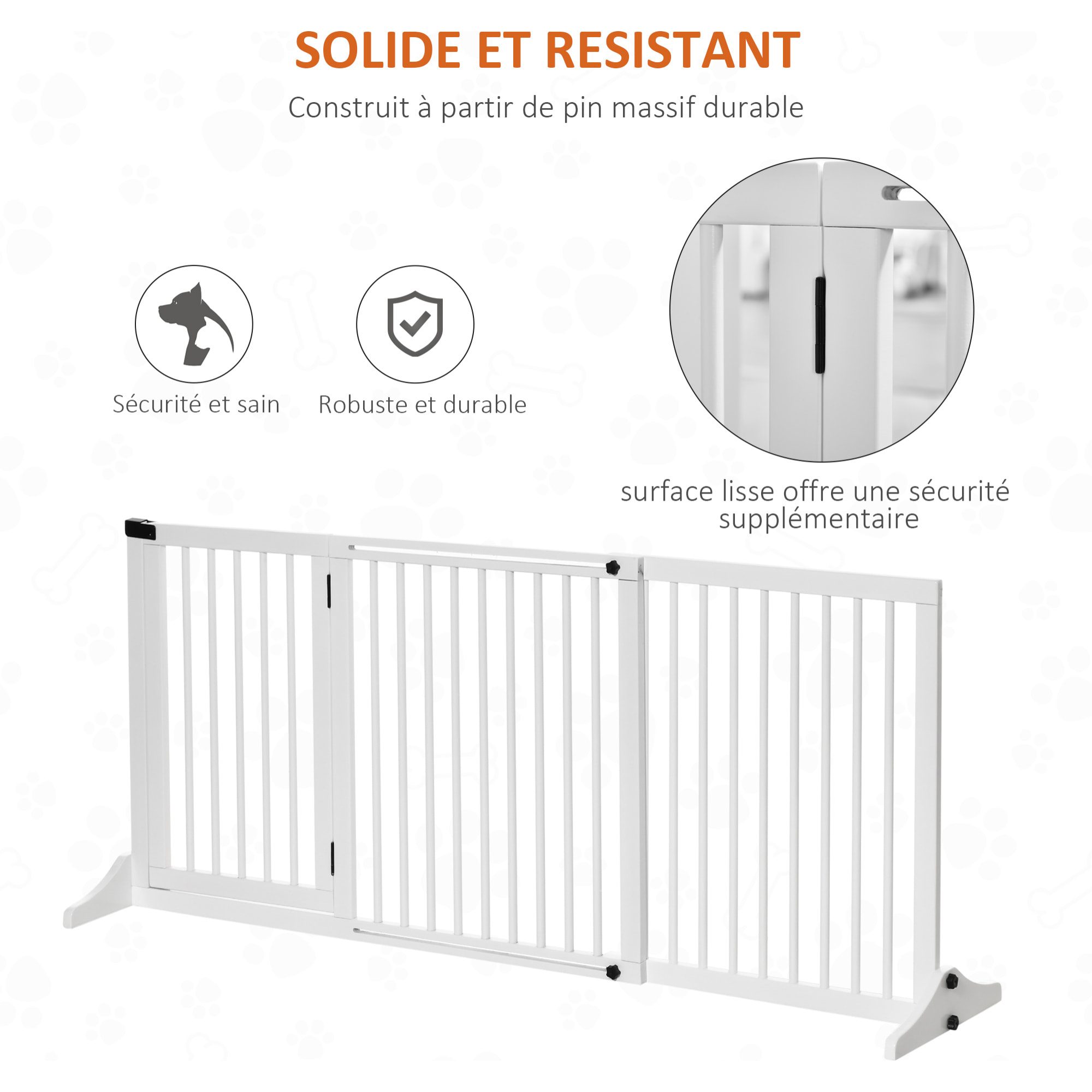 Barrière de sécurité chien barrière autoportante longueur réglable porte verrouillable intégrée dim. 113-166L x 36l x 71H cm sapin blanc