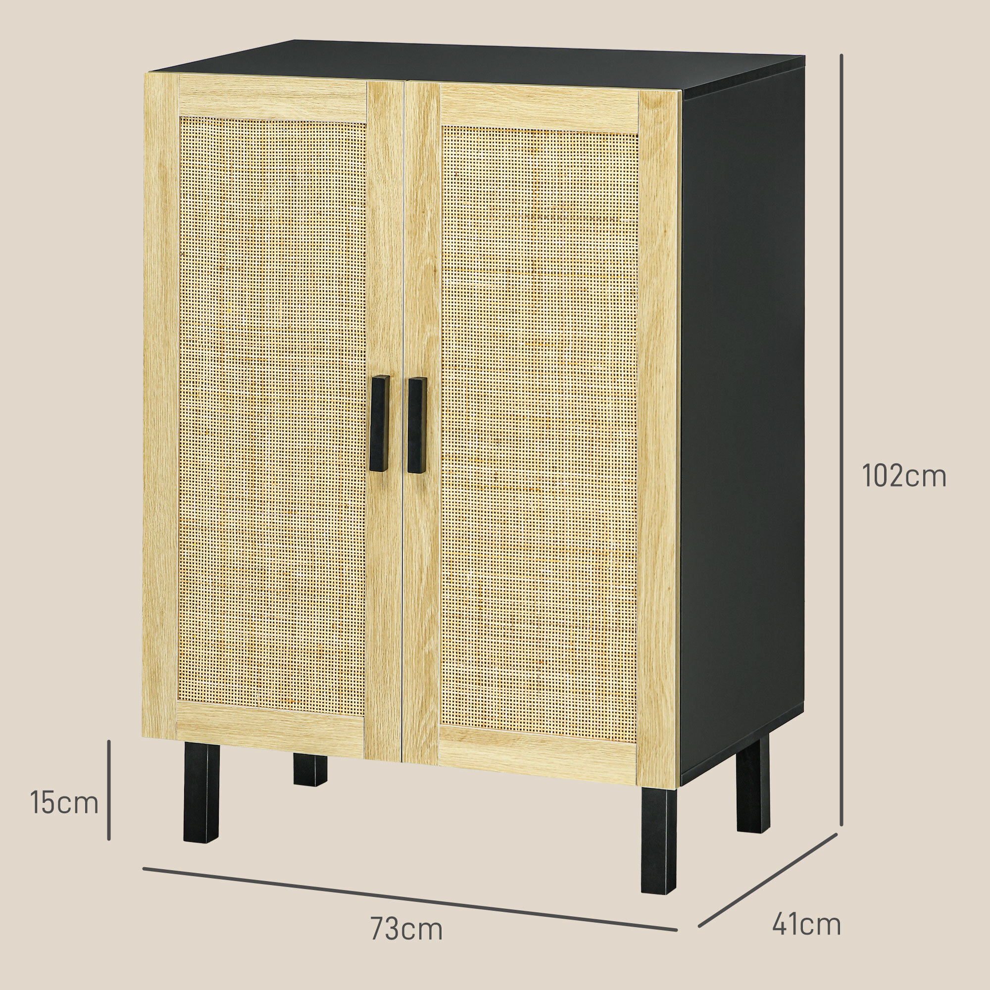 Buffet 2 portes 2 étagères réglables style bohème chic cannage en rotin panneaux aspect bois clair noir