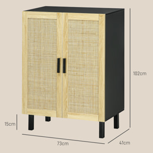 Buffet 2 portes 2 étagères réglables style bohème chic cannage en rotin panneaux aspect bois clair noir