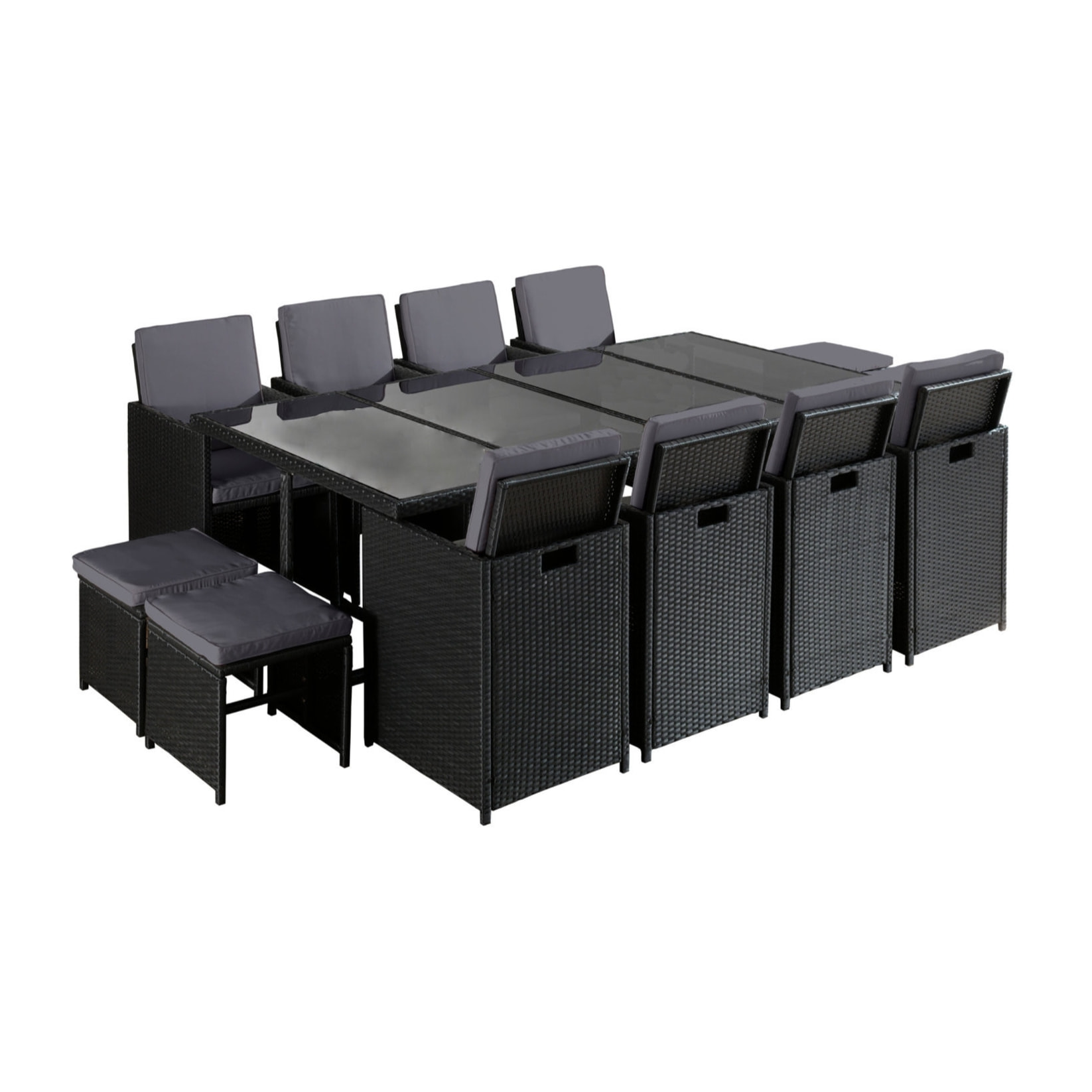Fira - Salon de jardin encastrable 12 places - en résine tressée - Noir avec coussins gris + housse de protection - Noir / Gris