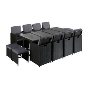 Fira - Salon de jardin encastrable 12 places - en résine tressée - Noir avec coussins gris + housse de protection - Noir / Gris