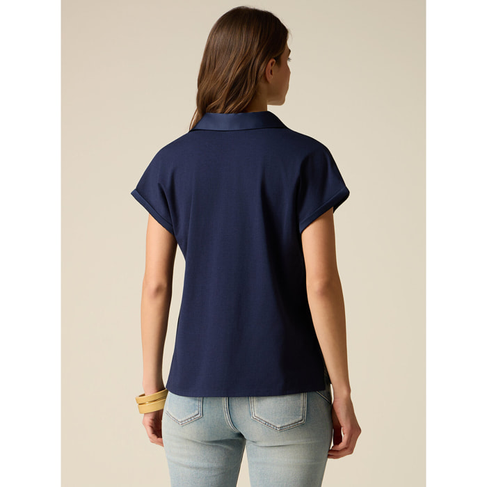 Oltre - T-shirt bimaterica con scollo a V - Blu