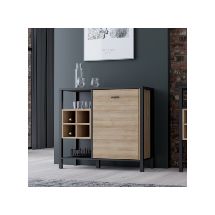 Buffet de rangement 1 porte 4 niches en bois effet chêne - MIAMI