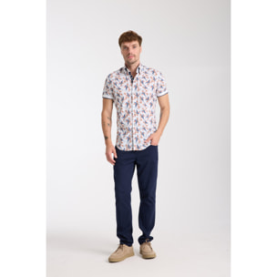 Camicia Uomo Manica Corta 2 Bottoni Button Down 7 Botto Popeline Stretch Stampato Bianco\Blu Inchiostro