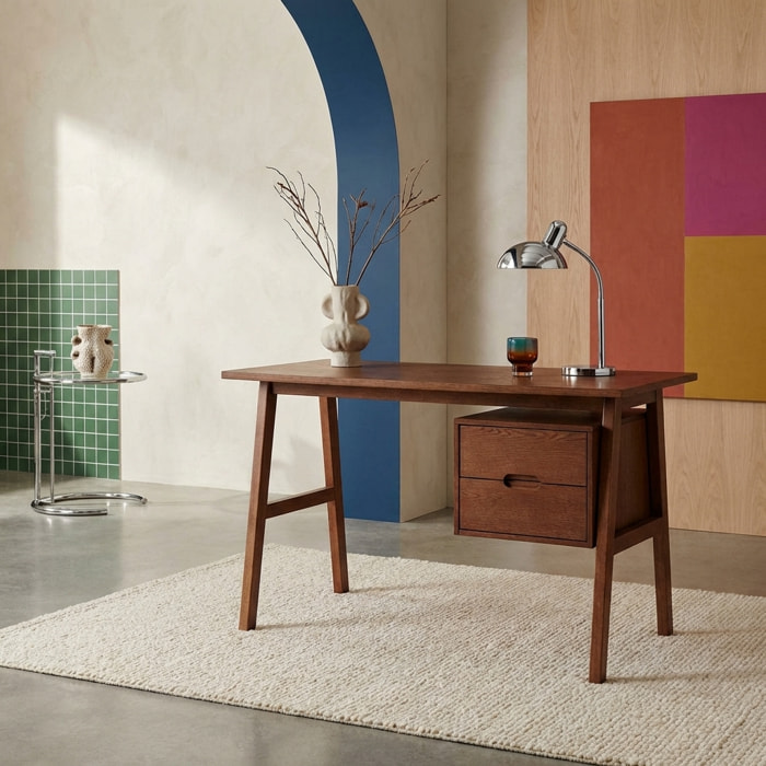 Bureau bois d'hévéa et placage chêne 2 tiroirs ALANA