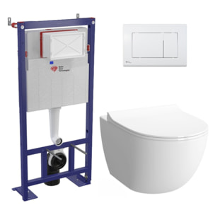 Pack WC bâti-autoportant + WC SAT infinitio sans bride fixations invisibles + Abattant softclose + Plaque blanche