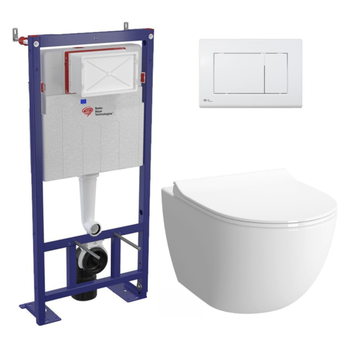 Pack WC bâti-autoportant + WC SAT infinitio sans bride fixations invisibles + Abattant softclose + Plaque blanche