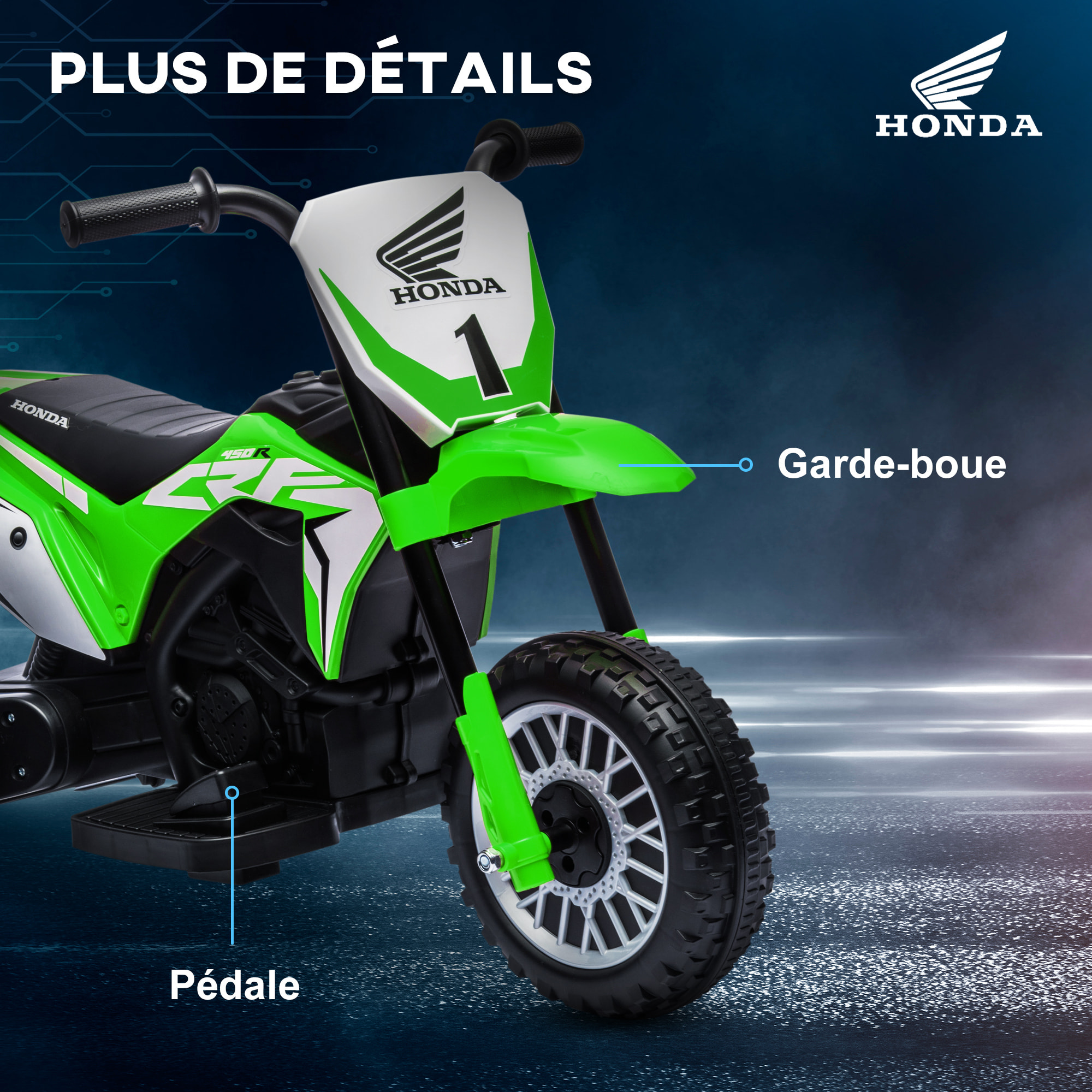 Moto Cross électrique enfant 3 roues licence officielle Honda CRF 450 R V. max. 3 Km/h fonctions sonores vert