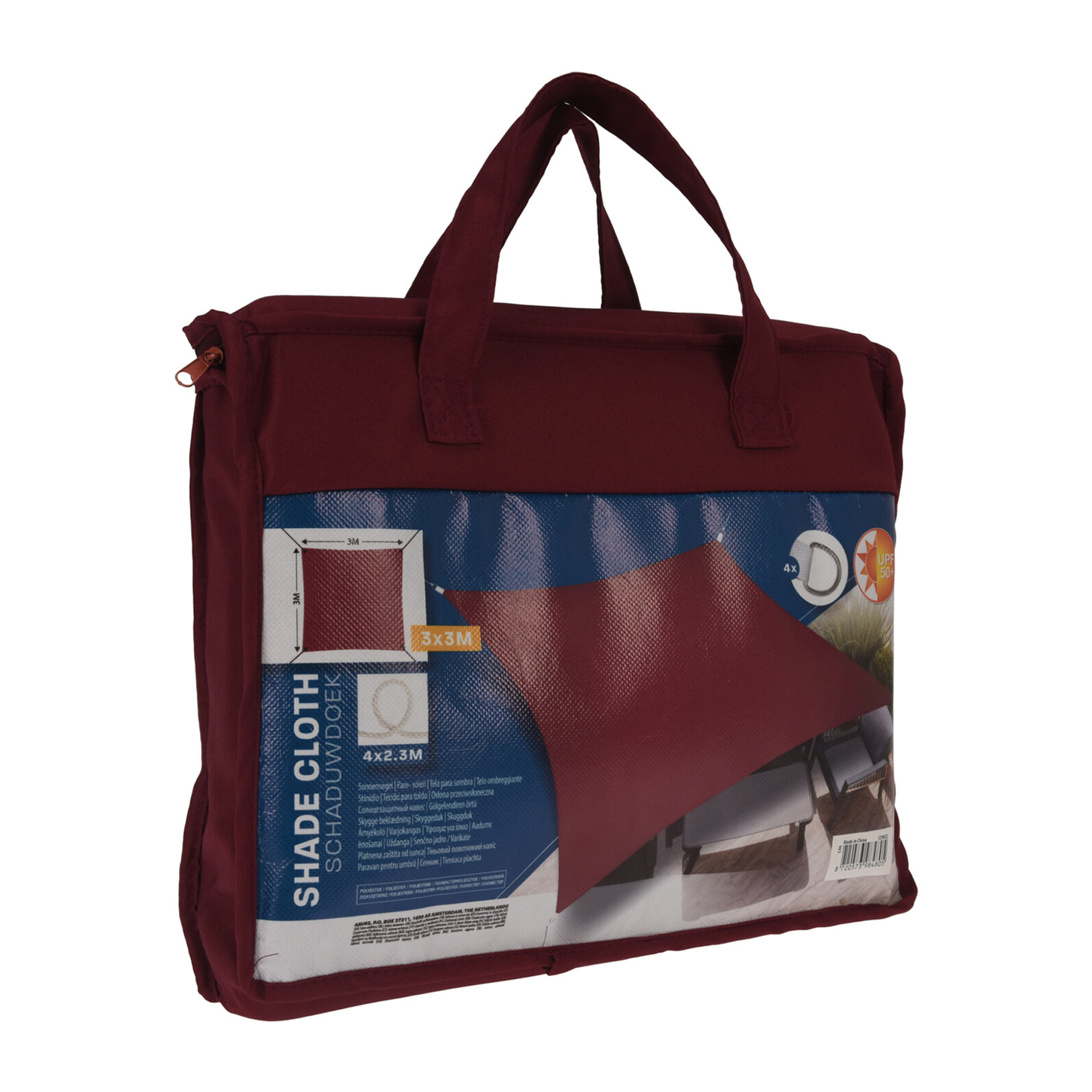 Paño de sombra cuadrado en poliéster rojo burdeos 3x3m, con ganchos de metal y bolsa de transporte