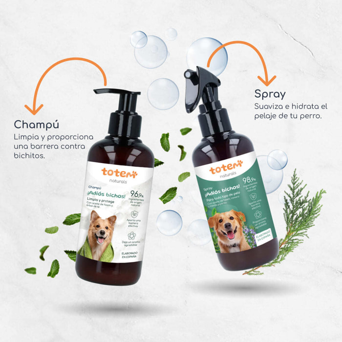Totem Naturals | Pack Repelente Champú 250 ml + Spray 250 ml Natural para Perros