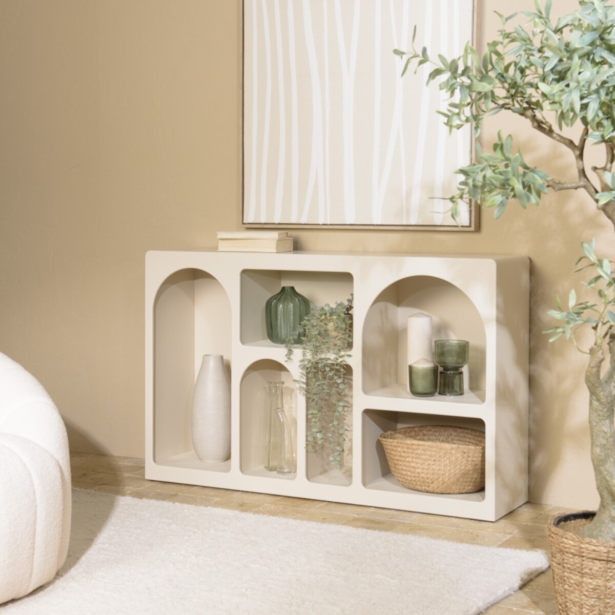 HELENA - Buffet 6 niches 120x30cm en bois peint couleur beige