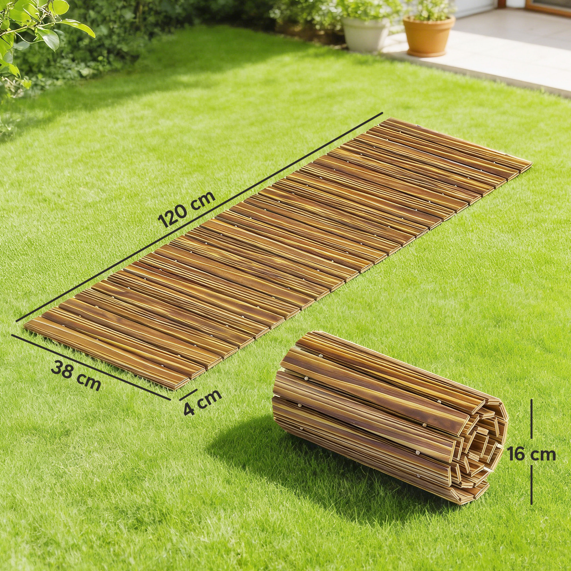 Camino de Jardín de Madera 120x38 cm Pasarela Recta Enrollable para Exteriores Resistente a la Intemperie Decorativo de Jardín para Playa Boda Fiesta Carbonizado