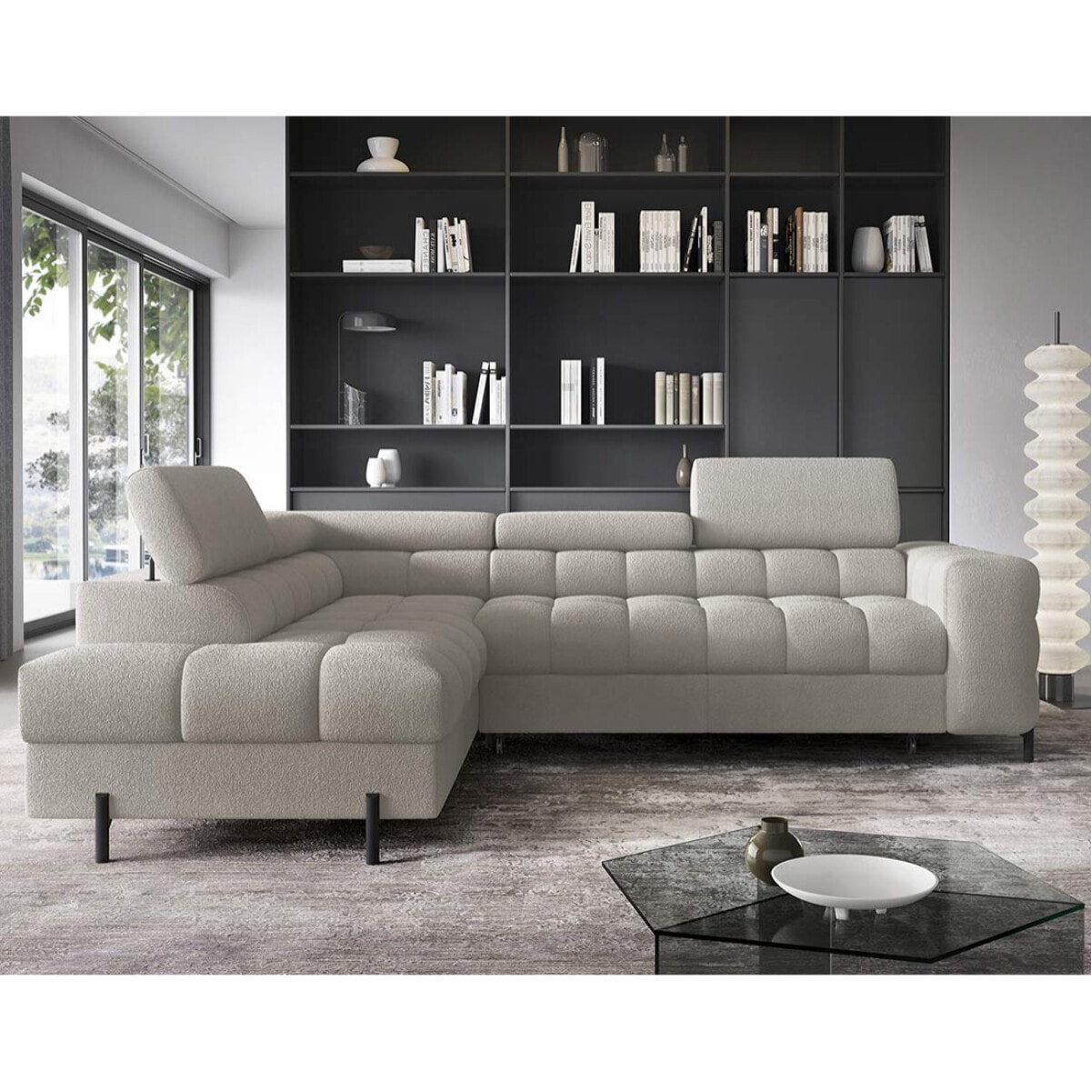 Elisa - canapé d'angle gauche 5 places convertible avec coffre et têtières réglables en tissu bouclette - Taupe