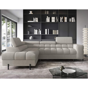 Elisa - canapé d'angle gauche 5 places convertible avec coffre et têtières réglables en tissu bouclette - Taupe