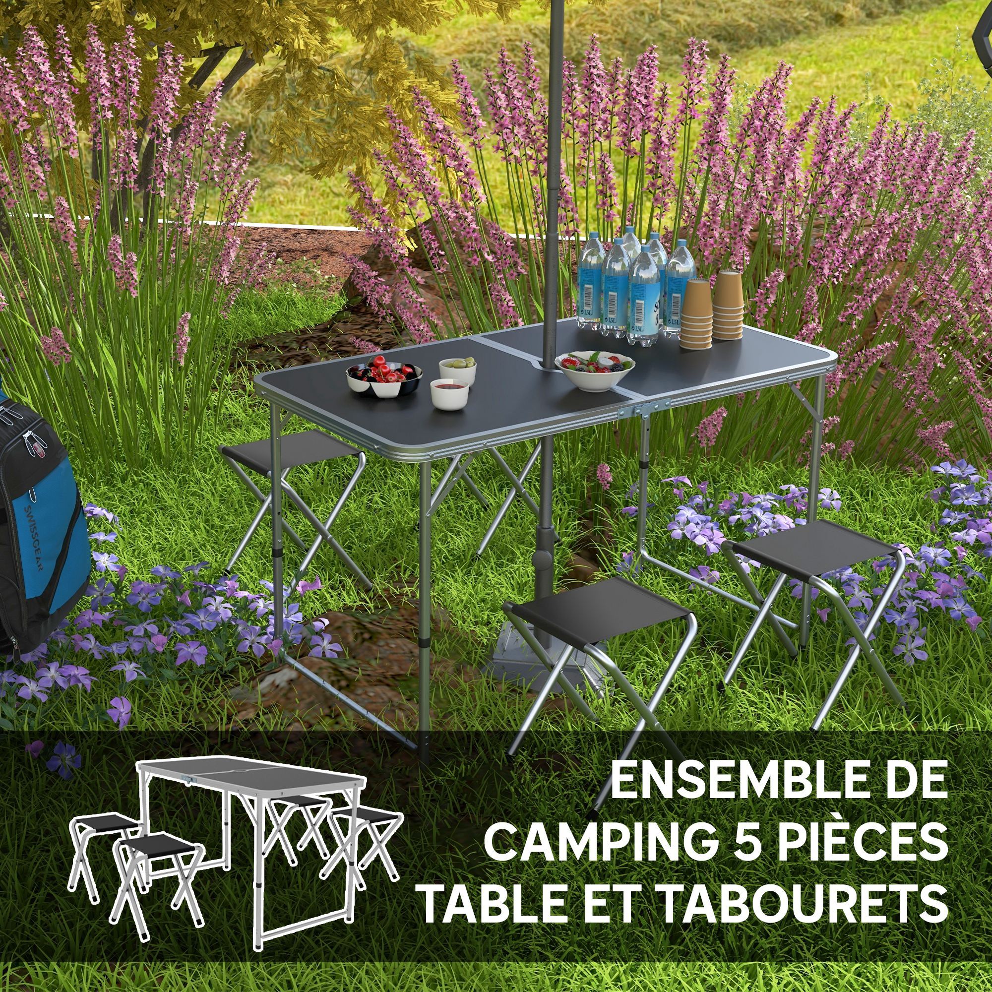 Ensemble table et chaises pliantes de camping - Hauteur table réglable, Trou de parasol - Gris foncé