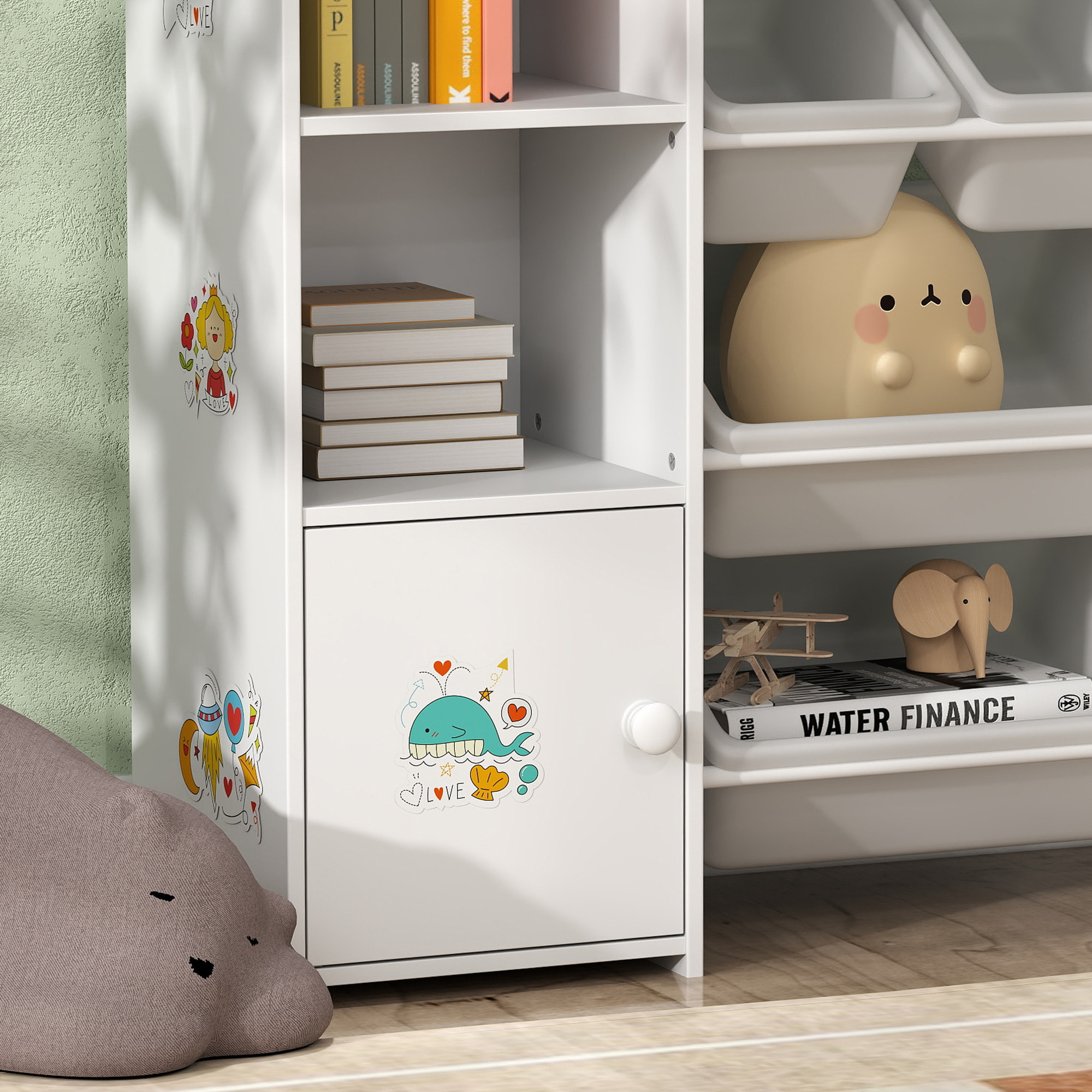 Bibliothèque enfant - rangement à bacs posés x 8 - 4 niches, 3 étagères, 2 portes - blanc