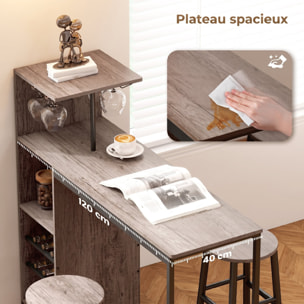 Ensemble bar multi-rangement 2 tabourets métal noir effet bois naturel