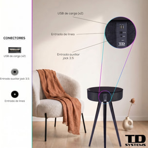 Mesa auxiliar altavoz portátil con sonido de 30W, Bluetooth, base de carga inalámbrica, batería de 2200mAh. Mesilla o mesita para dormitorio o sala de estar - TD Systems SM30B11WN [Lacado negro]