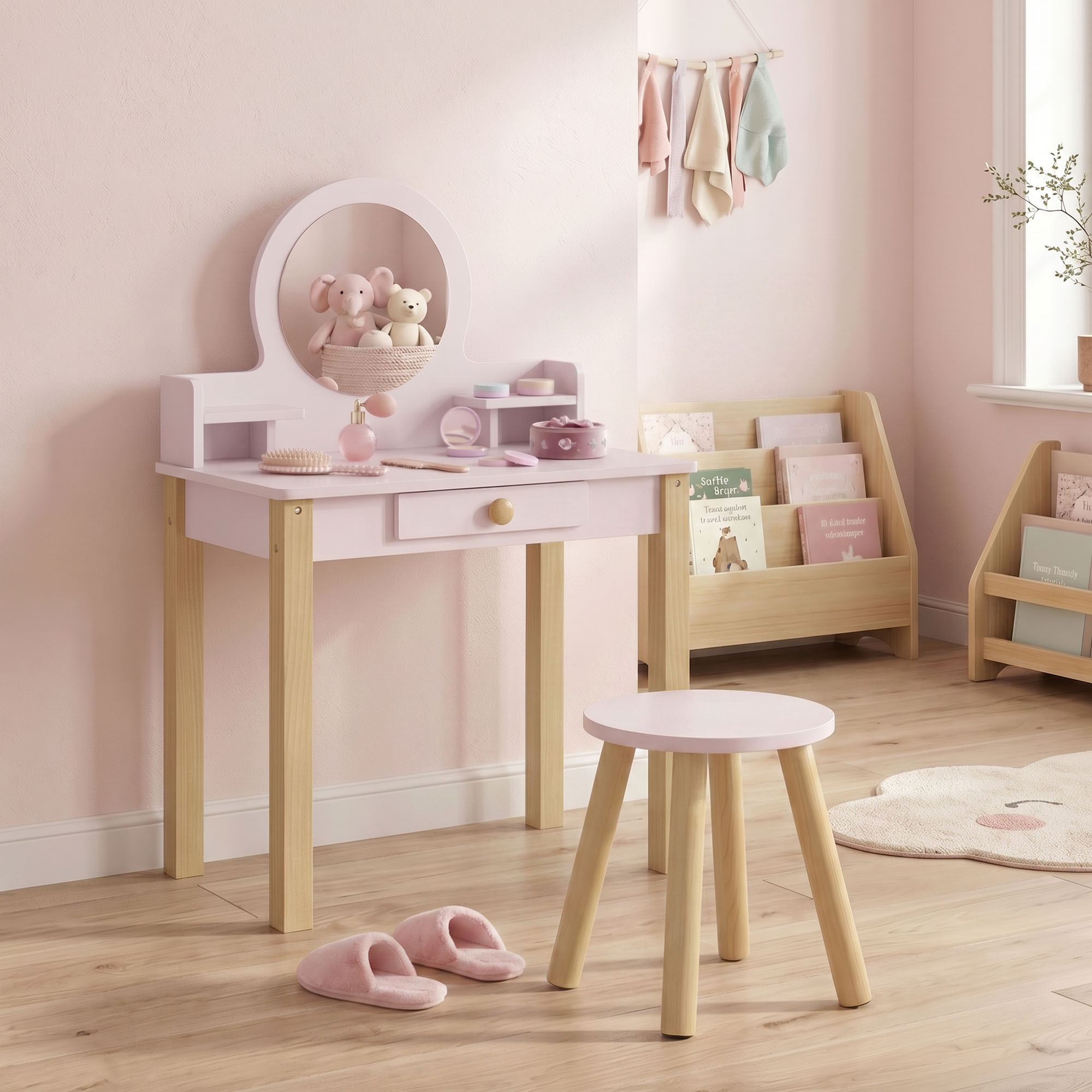 Tocador de Maquillaje Niña, Tocador Infantil con Taburete y Espejo, Cajón y 2 Estantes Abiertos, para Niños de 3 a 6 Años, Rosa