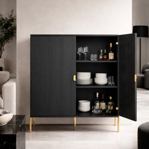 Credenza Mobile Contenitore 2 Ante Cannettate E Piedini Oro Madia Moderna con Ripiani Interni E Chiusura Soft Close 103.6 x 124 x 39.6 Cm Nero