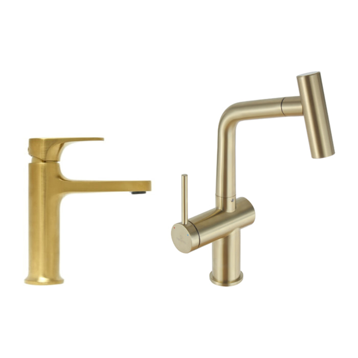 Dark set mitigeur lavabo + mitigeur cuisine Ceramia Timeless acier inoxydable, douchette extractible, or (SATB185BG)