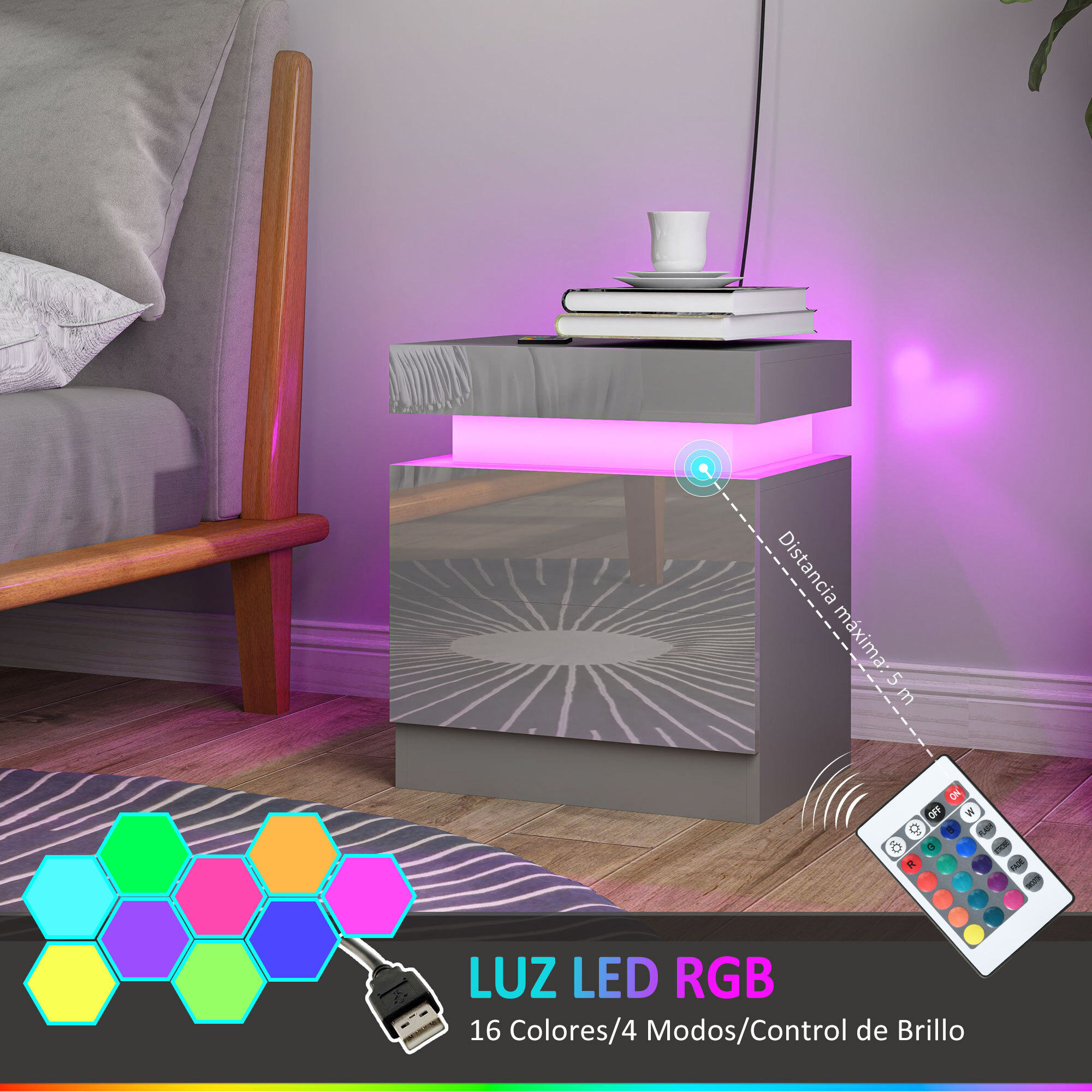 Mesita de Noche con Luces LED Mesilla de Noche con 2 Cajones y Control Remoto Mesa de Noche para Dormitorio Salón 45x35x52 cm