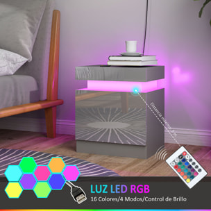 Mesita de Noche con Luces LED Mesilla de Noche con 2 Cajones y Control Remoto Mesa de Noche para Dormitorio Salón 45x35x52 cm