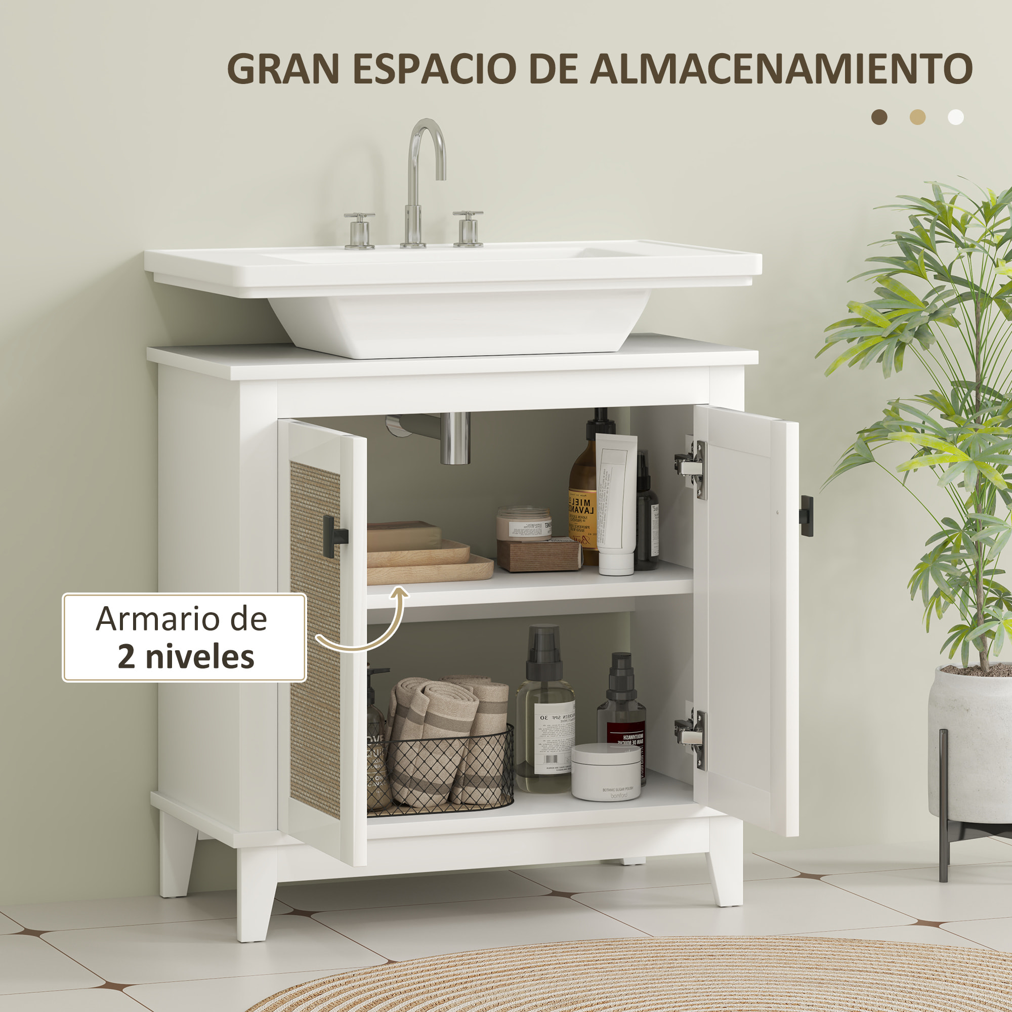 Mueble para Debajo del Lavabo Armario de Baño con Pie con 2 Puertas de Ratán PE 2 Estantes y Sistema Antivuelco para Cuarto Baño 60x30x60 cm Blanco