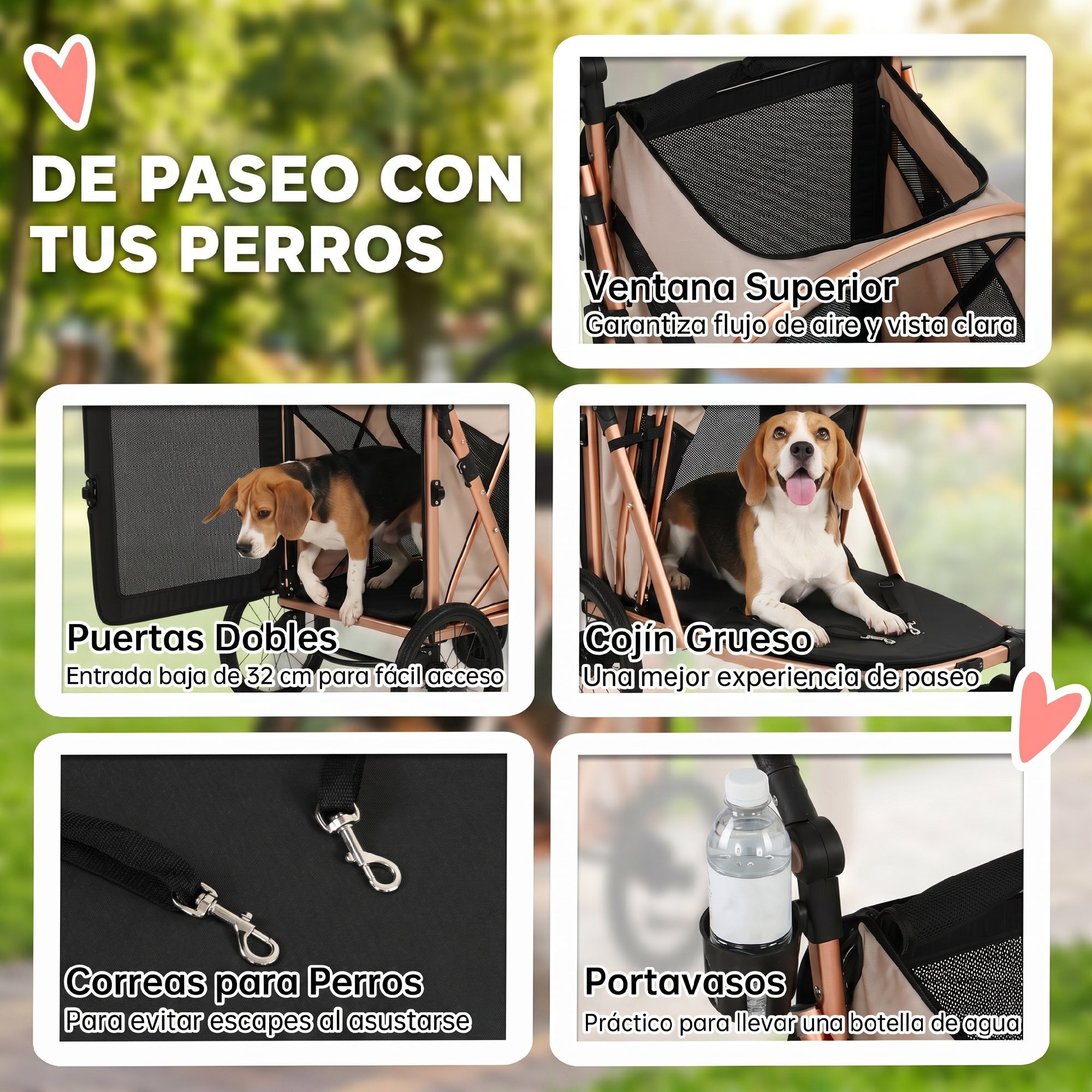 Carrito para Perros Plegable hasta 20 kg, Cochecito para Perros Medianos con Ruedas Grandes de Goma, Suspensión y Freno, Ventanas de Malla, Marco de Aluminio, Cojín, Correas, Marrón Claro