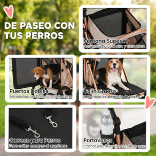 Carrito para Perros Plegable hasta 20 kg, Cochecito para Perros Medianos con Ruedas Grandes de Goma, Suspensión y Freno, Ventanas de Malla, Marco de Aluminio, Cojín, Correas, Marrón Claro