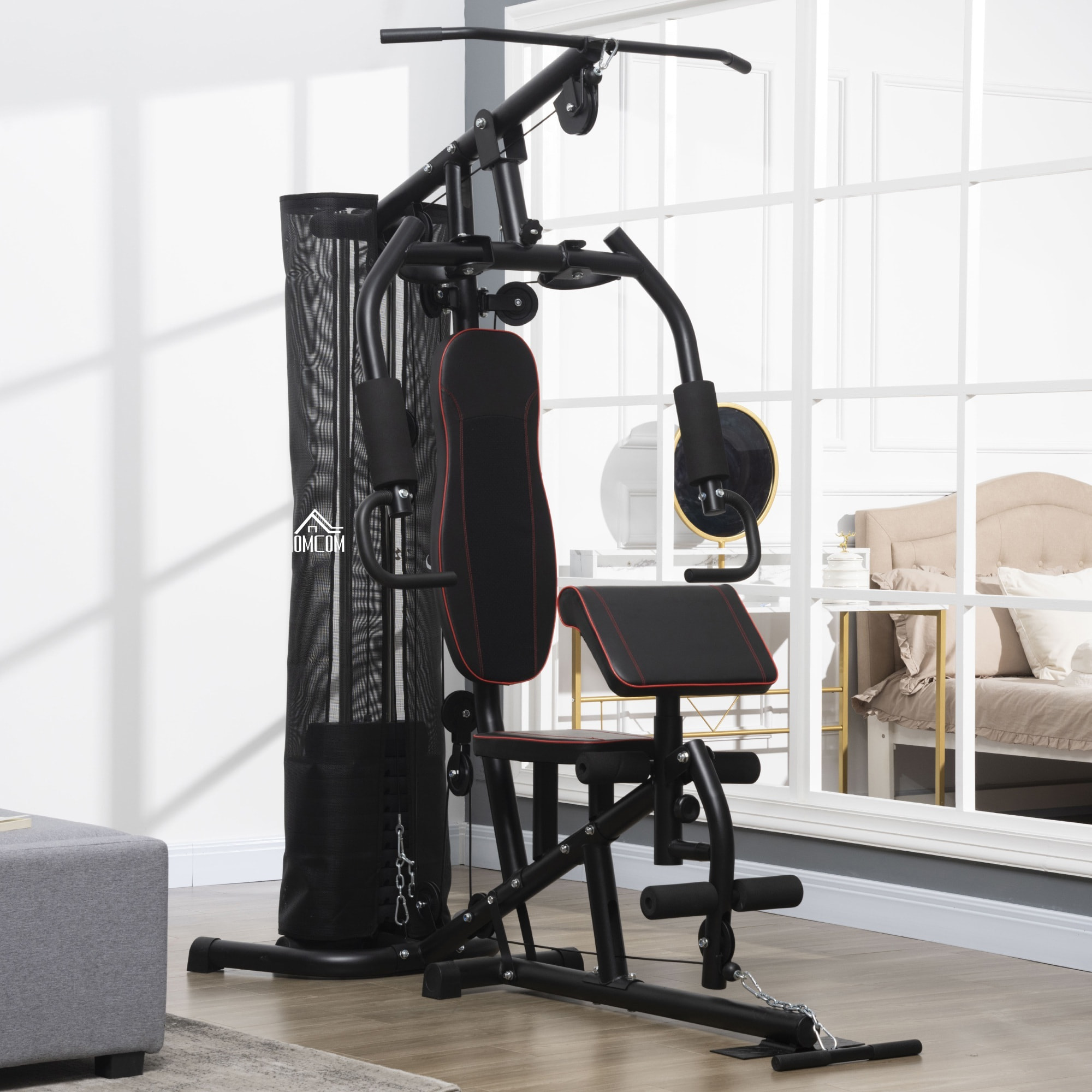 Multiestación Musculación Máquina de Musculación con Prensa de Piernas y Pecho Placas de Peso de 45 kg y Polea Carga 150 kg para Entrenamiento Gimnasio en Casa Negro